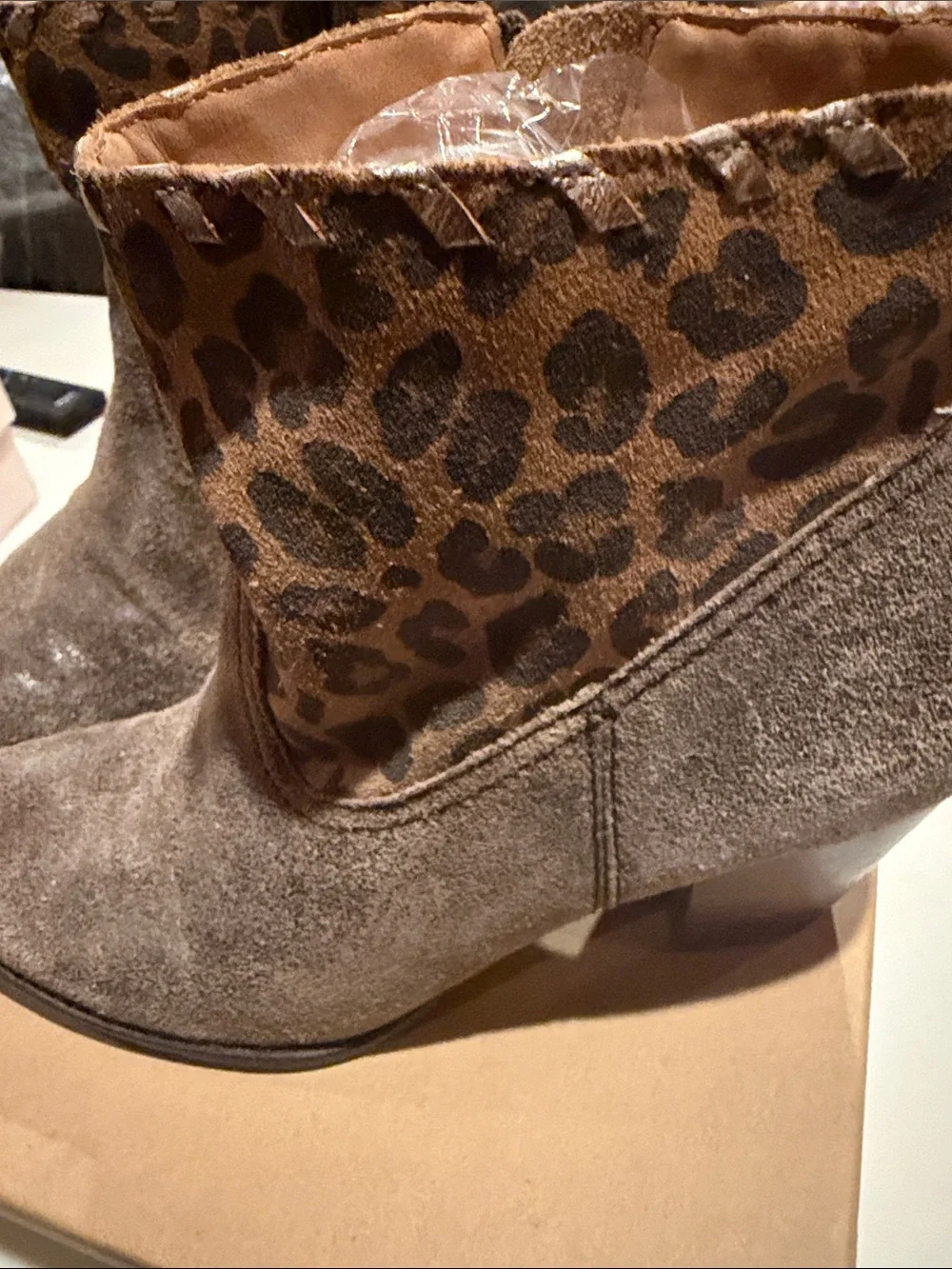 Women’s Taupe Suede Ankle Boots with Leopard Cuff